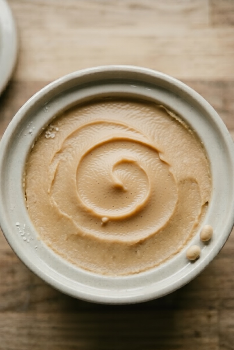 Top-down view of finished homemade white miso in a ceramic crock — smooth, pale tan paste with a gentle swirl pattern, salt crystals on the rim, wooden surface.