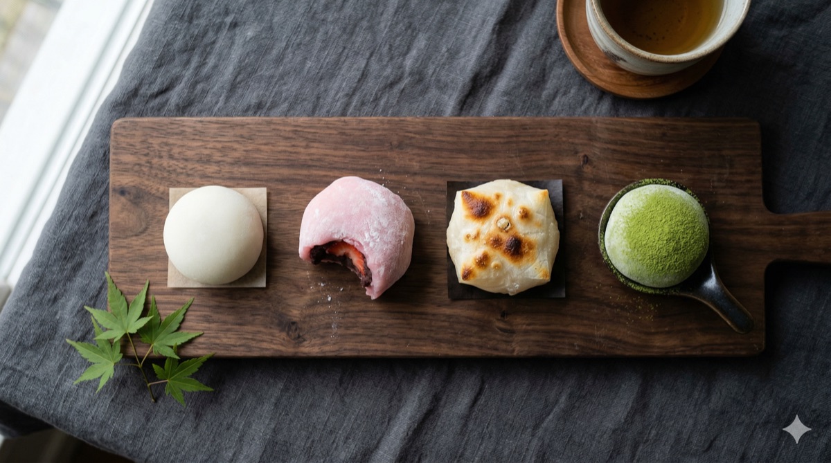 Four types of mochi on a wooden board: plain white mochi, pink daifuku with red bean paste, grilled yaki mochi with char marks, and matcha mochi ice cream